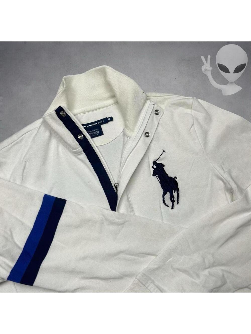 Ralph Lauren Golf Cream Quarter Zip Pullover Womens Medium Navy Big Pony Stripe